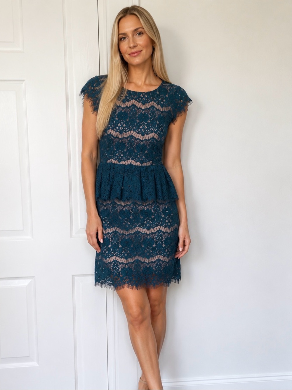 Maeve Anthropologie Teal Green Cap Sleeve Lace Peplum Waist Party Dress Size M